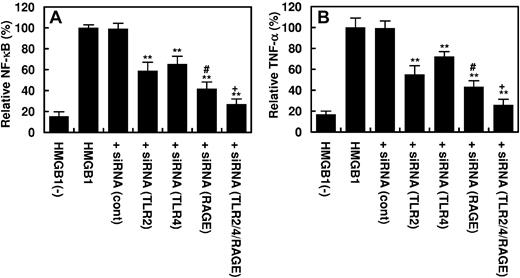 Figure 6. The Effect of siRNA knockdown of pattern recognition receptors on the HMGB1-mediated NF-κB activation and TNF-α expression in HUVECs. Confluent HUVECs were transfected with the control siRNA (1 μg for 3 days) or siRNA (1 μg for 3 days) specific for TLR2, TLR4, and RAGE individually or in combination of 3 before incubating cells with HMGB1 (1 μg/mL for 16 hours). The activation of NF-κB (A) or the induction of TNF-α (B) in HUVECs was analyzed as described in “Methods.” **P < .01 compared with HMGB1; #P < .05 compared with TLR2; #P < .02 compared with TLR4; +P < .05 compared with RAGE; and +P < .02 compared with either TLR2 or TLR4.