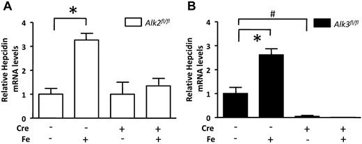 Figure 5. Alk2 and Alk3 are essential for iron-dependent hepcidin regulation in vivo. Eight-week-old mice were challenged intravenously with dextran (as a control) or iron-dextran (Fe; 0.2 mg/kg). (A) Hepatic hepcidin mRNA levels in Alk2fl/fl and Alk2fl/fl; Alb-Cre mice (n ≥ 6 per group). *P < .0001, Alk2fl/fl mice challenged with dextran versus Alk2fl/fl mice challenged with iron-dextran. (B) Hepatic hepcidin mRNA levels in similarly challenged Alk3fl/fl and Alk3fl/fl; Alb-Cre mice (n ≥ 3 per group). *P < .0045, versus Alk3fl/fl mice challenged with dextran versus Alk3fl/fl mice challenged with iron-dextran. #P < .005, Alk2fl/fl; Alb-Cre mice challenged with dextran versus Alk3fl/fl mice challenged with dextran.