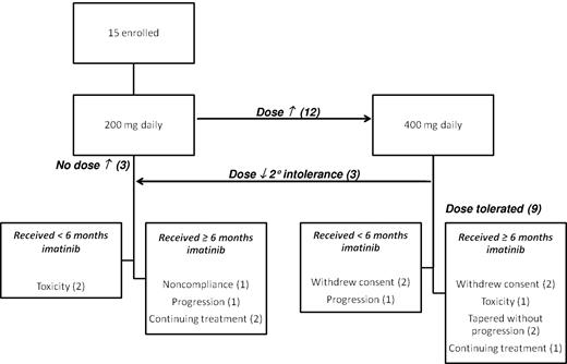 Figure 1. Disposition of trial participants. Dose of imatinib received, duration of treatment with imatinib, and reason for discontinuation of imatinib are shown.