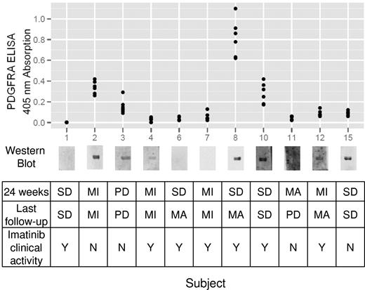 Figure 4. Anti-PDGFRA antibody status and clinical responses. Immunoblot detection of anti-PDGFRA antibodies and ELISA confirmation are shown with corresponding clinical outcomes for each subject. MI indicates minor response; MA, major response; PD, progressive disease; and SD, stable disease.