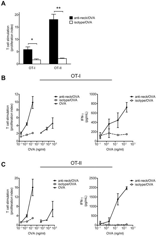 Figure 5. Antigens targeted to the DC-SIGN neck domain on DCs are presented to CD4+ and CD8+ T cells. The specificity and efficacy by which antibody/OVA conjugates induce antigen presentation via MHC I and II were determined using BMDCs from human DC-SIGN transgenic mice. (A) To specifically deliver antigen to the neck domain of DC-SIGN, anti-neck/OVA and its control isotype/OVA were incubated with transgenic BMDCs at 4°C. Next, LPS was added to the medium to induce BMDC maturation. OT-I or OT-II T cells were added and cells were co-cultured for 3 days before determining T-cell proliferation. Two independent experiments were performed showing similar results. Data represent mean values of 1 experiment performed in triplicate ± SEM. *P < .05 (t test). **P < .001 (t test). To evaluate the efficacy of neck-targeted antigens, BMDCs were incubated with various concentrations of anti-neck/OVA, isotype/OVA, or nonconjugated OVA for 3 hours. Next, antigens were removed and LPS was added to the medium to induce BMDC maturation, and (B) OT-I or (C) OT-II T cells were added. T-cell proliferation and IFN-γ levels were determined. Two experiments were performed with similar results. Data represent mean ± SEM for 1 experiment performed in duplicate.