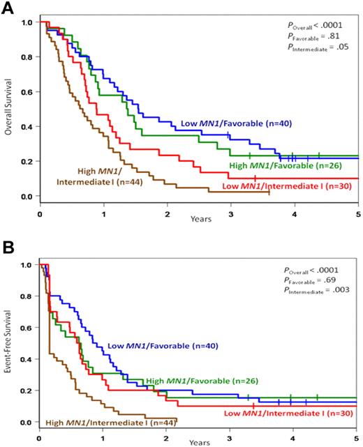 Figure 3. Outcome of CN-AML patients 60 years of age or older with respect to MN1 expression within the ELN Favorable and ELN Intermediate-I genetic groups. (A) OS. (B) EFS.