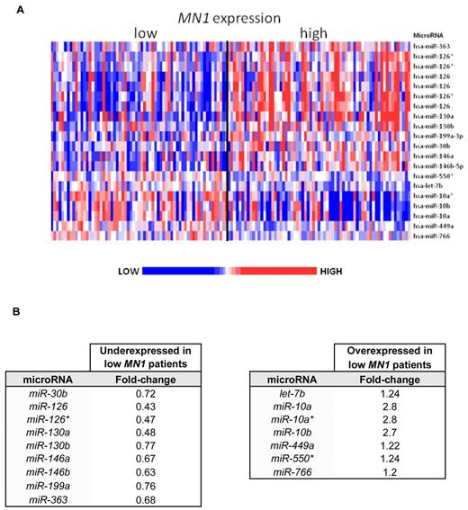 Figure 5. Heat map and table of the derived microRNA expression signature associated with MN1 expression in the group of CN-AML patients 60 years of age or older. (A) Heat map of the derived microRNA expression signature associated with MN1 expression in the group of CN-AML patients 60 years of age or older. The patients are ordered from left to right by increasing expression of MN1. Expression values of the probe sets are represented by color: blue represents expression less than the median value for the given probe; and red, expression greater than the median value for the given probe. Up- and down-regulated genes and microRNAs are indicated along the side. (B) Tables showing fold changes of the microRNAs that form the signature with corresponding fold changes.