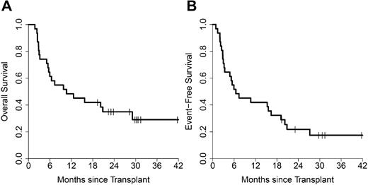Figure 3. Survival in AML. Kaplan-Meier survival plots for OS (A) and EFS (B) for AML patients (n = 31).