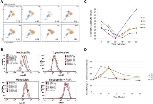 Figure 3. Analysis of neutrophil disappearance and integrin activation in human subjects following G-CSF administration. (A) WBC differential of donor 1 (D1) human leukocyte subsets at designated times after G-CSF administration, showing the disappearance of neutrophils 30 minutes after G-CSF administration. WBC is given as number of leukocytes × 103/μL. Orange represents neutrophils; blue, lymphocytes; purple, monocytes; green, eosinophils; and black, basophils. (B) Flow cytometric staining of human leukocytes using mAb24 (a monoclonal Ab that specifically recognizes the activated leukocyte integrin bound to Mg2+) for D1 over time. Cells were identified as neutrophils, monocytes, or lymphocytes based on size and granularity by flow cytometry. Colors designate that time samples were collected. Leukocytes exposed to PMA were used as a positive control. (C) Absolute neutrophil count of 4 human donors for 90 minutes after G-CSF administration. Neutrophil count is given as number of neutrophils × 103/μL. (D) Percentage change of MFI from baseline of neutrophils stained with mAb24 after G-CSF administration for the same 4 donors.
