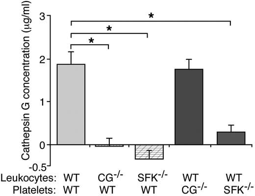 Figure 5. Mucins require SFKs in both leukocytes and platelets to stimulate secretion of cathepsin G. Leukocytes and platelets of the indicated genotype were incubated with mucins. After pelleting the cells, the concentration of cathepsin G was measured using an enzymatic assay. Activity in control buffer-treated samples was subtracted as background. The data represent the mean ± SEM from 5 experiments. *P < .01.