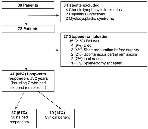 Figure 1. Flow chart of the 2-year follow-up of the 80 severe chronic ITP patients receiving romiplostim in this CUP.