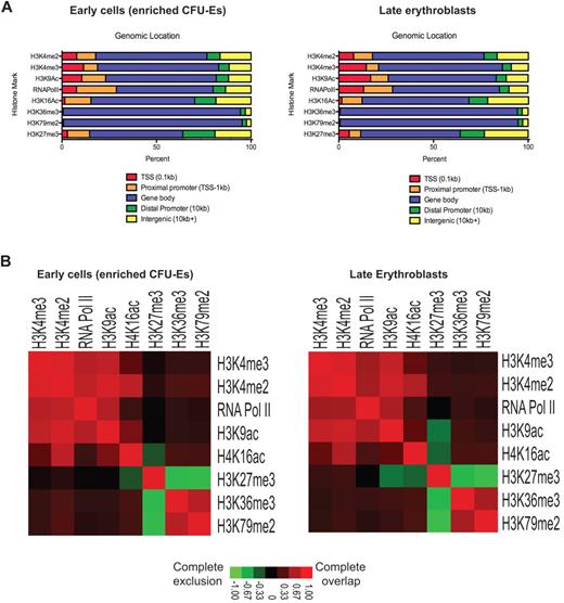 Figure 2. The genetic distribution of various histone modifications. (A) Coverage of genetic compartments bound by various histone marks and RNA Pol II in enriched CFU-Es and late erythroblasts. Compartments are defined as: TSS (−100 bp from the TSS), proximal promoter (from −100 bp to −1 kb from the TSS), distal promoter (from −1 kb up to −10 kb from the TSS), gene body (all coding regions, including introns and exons), or intergenic (past the coding region, > −10 kb from the TSS, or not defined by one of the other categories). (B) Heat maps showing colocalization frequencies of regions in enriched CFU-Es and late erythroblasts bound by one of the various histone marks or RNA Pol II. Colors in the heat map reflect the colocalization frequency of each pair of regulators are delineated in the legend below the heat maps; red represents which regions have the most overlap; and green, exclusion of the regions.