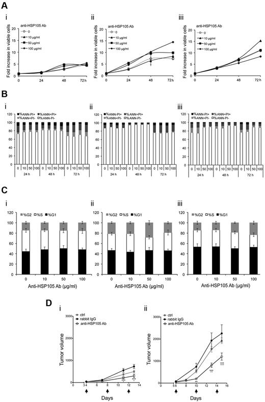 Figure 5. In vitro and in vivo antilymphoma activity of anti-HSP105 Ab. (A) DOHH-2 (i), SU-DHL-4 (ii), and NAMALWA (iii) cells were treated with the indicated concentrations of the anti-HSP105 Ab formulation for in vivo use; and after being stained with PI, viable cells in culture (PI−) were counted by flow cytometry using a calibrated suspension of fluorescent microspheres at the indicated time points (h indicates hours). The plots show the means of 3 independent experiments. (B) Flow cytometric determinations of apoptosis of the cell cultures described in panel A costained with FITC-labeled annexin V (ANN) and PI. Average percentages of ANN−PI− (white), ANN+PI− (light gray), ANN+PI+ (dark gray), and ANN−PI+ (black) cells in cultures, calculated from the results of 3 independent experiments, are shown. (C) Flow cytometry-based cell-cycle analyses of DOHH-2 (i), SU-DHL-4 (ii), and NAMALWA (iii) cells after 72-hour incubation with anti-HSP105 Ab at the indicated concentrations. Average frequencies of cells in G1 (black), S (white), and G2 (gray) cell-cycle phases and SD of 3 independent experiments are shown. (D) SU-DHL-4 (i) and NAMALWA (ii) growth in SCID mice treated with 3 intraperitoneal injections of NaCl solution (ctrl), 250 μg anti-HSP105 Ab, or matched isotype Igs (rabbit IgG) every 4 days (black arrows). Average tumor volumes (measured with calipers) and SE of 2 (SU-DHL-4 model) and 3 (NAMALWA model) independent experiments, in which 6 mice per group were analyzed. Statistically significant differences were calculated by using the 2-way ANOVA: **P < .01; ***P < .001. Black stars represent anti-HSP105 Ab versus rabbit IgG; and gray stars, anti-HSP105 Ab versus ctrl.
