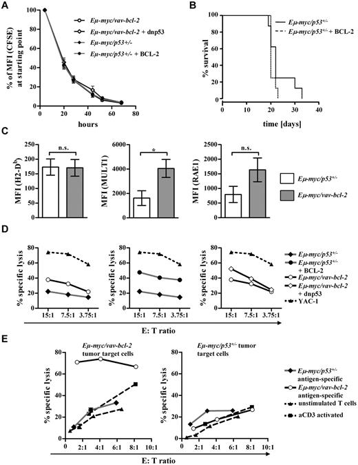 Figure 5. BCL-2 facilitates NK and T cell–mediated killing. (A) CFSE-based proliferation assay of Eμ-myc/p53+/− (± BCL-2) and Eμ-myc/vav-bcl-2 (± dnp53) cells. Eμ-myc/p53+/− (± BCL-2, n = 2 each) and Eμ-myc/vav-bcl-2 (± dnp53, n = 3 each) cell lines were subjected to FACS analysis, no difference in proliferation was detected (values represent mean MFI ± SD). 7-AAD+ dead cells were excluded; no differences between the different groups in 7-ADD+ cells were evident. (B) Transplantation of indicated cell lines into Rag2−/−cγ−/− mice. No statistically significant difference in survival time between the groups analyzed could be detected (Eμ-myc/p53+/−, n = 8; Eμ-myc/p53+/− + BCL-2, n = 8; P = .2). (C) FACS analysis of H2-Db (MHC class I), MULT1, and RAE1 in Eμ-myc/p53+/− (n = 4) and Eμ-myc/vav-bcl-2 (n = 3) cell lines. Eμ-myc/p53+/− cells expressed significantly less MULT1 than with Eμ-myc/vav-bcl-2 cells (P = .0494) and lower levels of RAE1 (P = .1356). (D) NK-cell cytotoxicity assay with the use of different Eμ-myc tumor cell lines as targets as indicated in the figure. Purified and in vitro–expanded NK cells were incubated at different E:T with CFSE-labeled Eμ-myc cells for 4 hours. The percentage of NK cell–specific tumor cell lysis is depicted. (E) T cell–mediated lysis of Eμ-myc tumor cells. CD8+ effectors were coincubated with CFSE-labeled tumor target cells for 20 hours in ascending E:Ts, which were calculated after FACS-based quantification of CD8+ cytotoxic T cells within the effector cell suspensions. The percentage of T cell–specific tumor cell lysis is depicted.