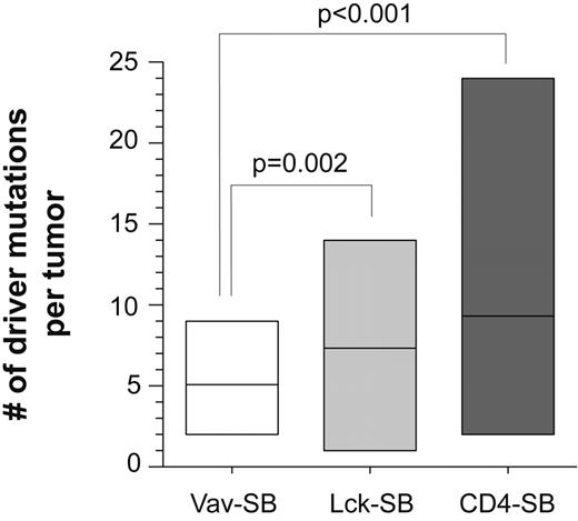 Figure 5. The number of driver mutations in each tumor is indicated for each of the 3 tumor models. The average number of driver mutations differed significantly across the models. A t test was performed to compare the differences between each pair of models. No significant difference was observed between Lck-SB and CD4-SB tumors.