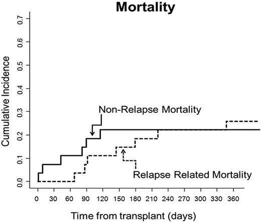 Figure 5. Relapse-related mortality and NRM. Cumulative incidences of relapse-related mortality and NRM were 29.6% and 22.2%, respectively.