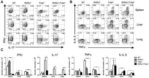 Figure 2. Deficiency in T-bet and RORγt results in a significant reduction in Th1 and Th17 cells, but enhancement in Th2 cells. (A) Lethally irradiated (800 cGy) BALB/c mice (n = 4) were transplanted with 2 × 106 purified B6 WT, T-bet−/−, RORγt−/−, or RORγt−/−/T-bet−/− T cells. Intracellular cytokine profiles of splenic CD4+ T cells are shown in 5 days after BMT. Representative contour plot depicts the percentage of IL-17– and/or IFN-γ–secreting cells from spleen, liver and lung in the gated H-2Kb+CD4+ cell population. (B) IL-4, IL-5–, and/or TNFα–secreting cells from spleen, liver, and lung in the gated H-2Kb+ CD4+ donor T cells. (C) Absolute number of IFN-γ, IL-17, TNFα, and IL-4/IL-5–secreting cells from spleen, liver, and lung. Four mice in each group were used, and the experiment was repeated 3 times. Asterisk indicates statistical significance: *P < .05; **P < .01; ***P < .001.