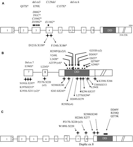 Figure 1. Genotypic characteristics of ALPS-FAS and ALPS-sFAS patients. The structure of the TNFRSF6 gene showing ALPS-FAS–associated mutations in exons 1-6 (A) encoding the extracellular domain (ECD) and transmembrane domain (TMD) and exons 7-9 (B) encoding the intracellular domain (ICD). Mutations are numbered with respect to the immature protein. The symbols denote missense (●) and frameshift mutations (); deletions and nonsense mutations are also indicated. Mutations denoted with an asterisk are novel. The numbers of unrelated index cases carrying the same mutation are given in brackets. Mutations associated with ALPS-sFAS are shown in panel C.