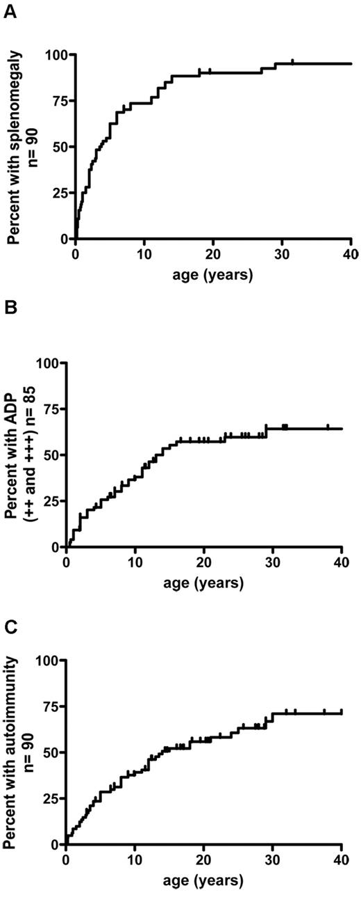 Figure 3. Cumulative frequency of patients having developed lymphoproliferation and autoimmunity as a function of age. (A) Splenomegaly precedes the development of lymphadenopathy and autoimmune manifestations. (B) Lymphodemopathy develops in 72% of patients. (C) Autoimmunity occured in 75% of patients. ++ indicates lymphadenopathy > 2 cm and < 5 cm; +++, lymphadenopathy > 5 cm; and ADP, lymphadenopathy.