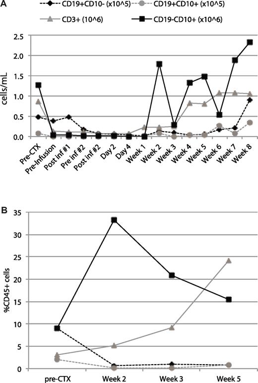 Figure 4. B-cell aplasia in the peripheral blood and BM of patient ALL-1 after infusion with autologous 19-28z+ T cells. Samples before and after infusion of blood (A) and BM (B) were obtained at the time points indicated on the x-axis and used for cell counts and immunophenotyping. Cell concentrations were measured with an AcT diff cell counter (Coulter). Immunophenotyping was performed by gating on CD45 and defining cell populations with the following cell surface markers: CD3+ (T cells), CD19+CD10− (mature B cells), CD19+CD10+ (progenitor B cells or tumor cells), CD19−CD10+ (granulocytes). (A) The plotted value for each cell population was derived as the product of the cell concentration by the frequency. (B) The plotted value for each cell population represents the percentage within the CD45 gate.
