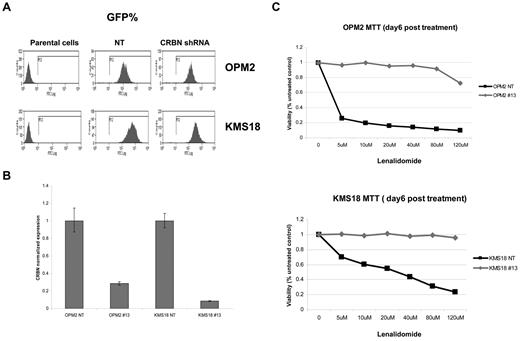 Figure 2. Suppression of CRBN confers lenalidomide resistance. Three myeloma cell lines were infected with NT and CRBN shRNA-expressing lentivirus. Most CRBN shRNA-expressing myeloma cells died within the first week after infection. An average of 30% of myeloma cells survived, and those cells plus NT control expressing cells were sorted for GFP expression at 3 weeks after infection (A). CRBN expression level in each pair of sorted NT and CRBN shRNA-expressing cells was measured by quantitative PCR (B). (C) Activity of lenalidomide on sorted myeloma cell lines was measured by MTT assay.