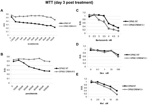 Figure 3. Drug resistance mediated by CRBN depletion is specific for IMiDs, not for other unrelated antimyeloma compounds. OPM2 cells stably expressing either NT or CRBN shRNA were seeded and incubated with lenalidomide (A), pomalidomide (B), and other antimyeloma drugs, including bortezomib (C), dexamethasone (D), and melphalan (E) at the indicated concentration, followed by MTT assay at day 3 after adding drugs. Each experimental condition was performed in triplicate and repeated at least once.