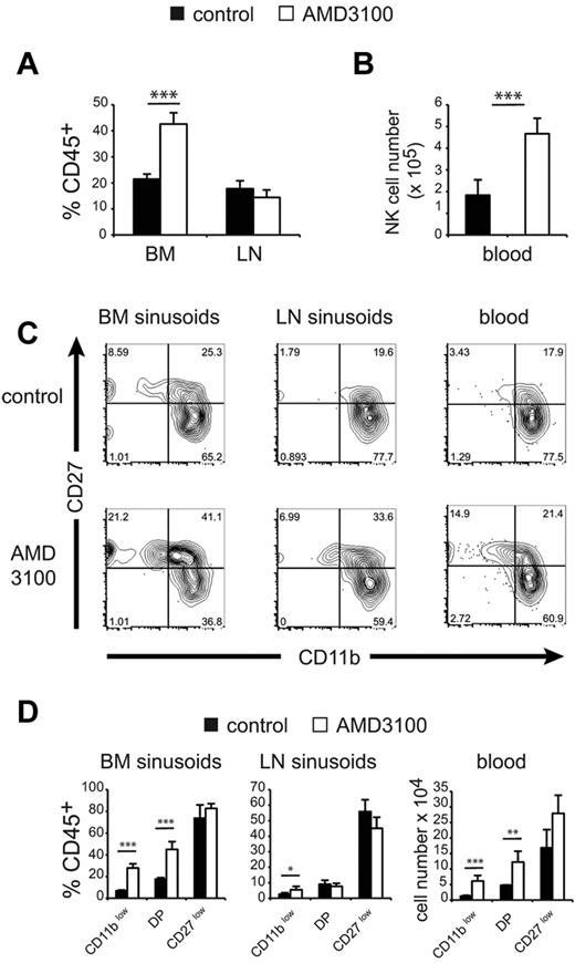 Figure 4. CXCR4 inhibition recruits immature NK cells in BM sinusoids and the peripheral blood. Flow cytometric analysis of BM, LNs, and blood NK cells in WT mice treated for 1 hour with saline (control) or AMD3100 and injected intravenously with PE-conjugated anti-CD45 mAb for the final 2 minutes. (A) Mean ± SD percentage of CD45+ cells in gated NK cells in each group, as indicated. (B) Mean ± SD number of NK cells among PBMC (for 1 mL of blood) in each group, as indicated (n = 5 mice in each group). (C) Representative FACS plot of CD27/CD11b expression in gated CD45+ (sinusoidal) NK cells from BM and LNs and in gated blood NK cells in mice of each group, as indicated. (D) Mean ± SD percentage of CD45+ sinusoidal cells within each NK-cell subset and in mice of each group, as indicated (n = 5 mice in each group).