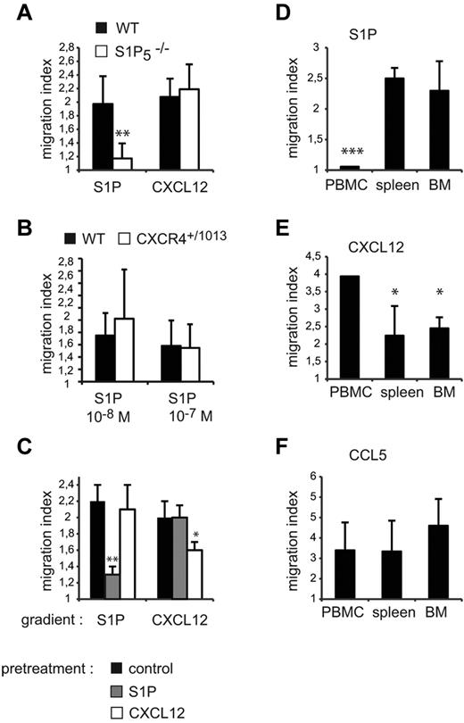 Figure 7. CXCR4 and S1P5 responsiveness are modulated on mature NK cells. (A-B) BM cells were isolated from WT and S1P5−/− (A) or Cxcr4+/1013 (B) mice and migration of CD27low NK cells toward S1P or CXCL12 gradients was measured. (C) Spleen cells from WT mice were incubated for 2 hours in serum-free medium supplemented or not with S1P (10−8M) or CXCL12 (50 ng/mL). Migration of CD27low NK cells toward S1P or CXCL12 gradients was then assessed. (D-F) Lymphocytes were isolated from blood, spleen, and BM. Migration of mature NK cells toward S1P (D), CXCL12 (E), and CCL5 (F) gradients was assayed. The migration index is calculated as the ratio between the number of cells migrating in the chemokine and in the control (without chemokine) condition. Data are the mean ± SD of 4-5 independent experiments with duplicates.