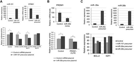 Figure 3. Effect of deregulated miRNAs on expression of their target genes. (A) miR-101 represses STMN1. Top: Reintroduction of miR-101 into NKYS cells reduced mRNA levels of STMN1. mRNA levels of STMN1 were determined by quantitative RT-PCR analysis. Cells were transduced by lentivirus produced by miRNA precursor expression vectors or a control vector. Cells were harvested 4 days after transduction. Mature miR-101 transcript was determined by TaqMan miRNA assay. Bottom: 3′-UTR luciferase reporter assay of STMN1. The 293T cells were cotransfected with a reporter construct with or without 3′-UTR of STMN1 that contain 2 potential miR-101 binding sites and an miRNA expression vector with or without hsa-miR-101 precursor sequence. Reporter constructs with point mutations to the seed sequence of either miR-101 target site were similarly cotransfected. Luciferase activity was determined 48 hours after transfection. (B) miR-30b represses PRDM1. Top: Reintroduction of miR-30b into NK-YS cells reduced mRNA levels of PRDM1. Cells were transiently transfected by miRNA-30b mimics. Expression of PRDM1 at 48 hours after transfection was determined by quantitative RT-PCR analysis. Bottom: 3′-UTR luciferase reporter assay of PRDM1. The 293T cells were cotransfected with a reporter construct with or without the whole 3′-UTR of PRDM1 cloned to the distal end of the firefly luciferase gene and an miRNA expression vector with or without the hsa-miR-30b precursor sequence. Luciferase activity was determined 48 hours after transfection. (C) Re-expression of miR-101, miR-26a, or miR-26b in NK-YS cells reduced expression of BCL-2. Cells were transduced by lentivirus produced by miRNA precursor expression vectors or a control vector and were harvested 4 days after transduction for quantitative RT-PCR analysis.