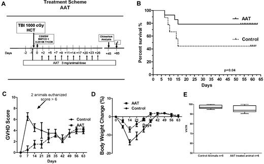 Figure 5. Effect of AAT on GVHD severity and mortality. (A) AAT treatment scheme. (B) Survival. Survival of AAT-treated mice versus albumin-treated controls (n = 15 each group, P = .04). (C) Severity of GVHD. GVHD was scored based on percentage of weight loss, skin integrity, posture, mobility, and fur texture. Clinical signs were graded on a scale of 0 to 2, where 0 was absent, 1 was moderate, 2 was severe, and the individual scores were added. Shown are GVHD clinical scores for 30 days after transplantation (mean ± SEM per time point; D) Change in body weight of transplanted mice over time after transplantation (mean ± SEM; n = 15). (E) Donor chimerism. Proportion of donor cells among PBMCs in AAT-treated (n = 6) versus albumin-treated (n = 5) mice at day 45 (P = .25).