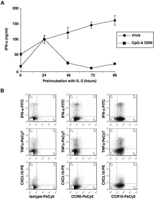 Figure 6. IL-3–differentiated CCR6+ CCR10+ blood pDCs preserve their ability to produce high levels of IFN-α, TNF-α, and CXCL10 in response to flu virus. (A) Freshly purified blood pDCs were cultured in IL-3 for different time periods before flu virus and CpG-A ODN2336 were added for another 24 hours. IFN-α was measured in the supernatants by ELISA. Data are mean ± SD of duplicate wells of culture and are representative of 3 independent experiments. (B) Intracellular production of IFN-α, TNF-α, and CXCL10 assessed by flow cytometry. pDCs were cultured in IL-3 for 96 hours and then activated with flu virus for an additional 6 hours. Percentages of each population are indicated in dot plots, and data are representative of 3 independent experiments.