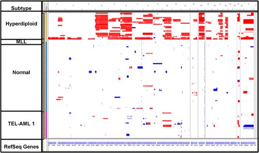 Figure 2. Heat map of total copy number data. Diagnosis samples (yellow) and relapse samples (brown) appear next to each other. Samples are grouped according to cytogenetic subtype.