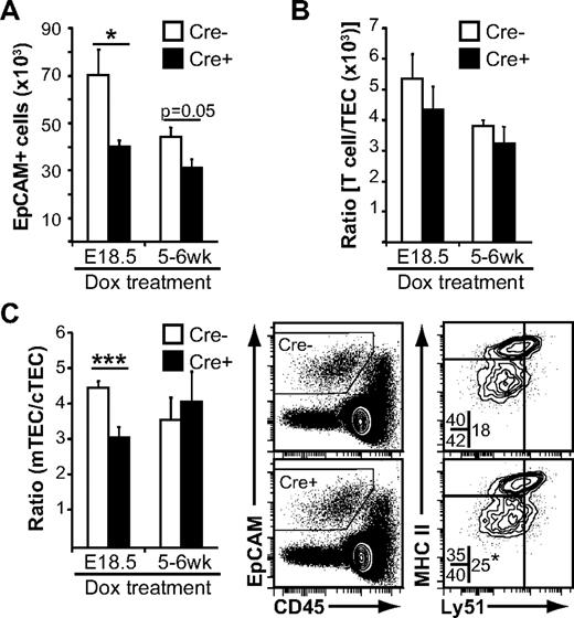 Figure 5. Loss of Wnt4 suppresses post-natal TEC expansion. Flow cytometry analysis of thymi from doxycycline-treated tetO-Cre:ROSArtTA/+:Wnt4fl/fl (Cre+) Wnt4-deficient mice and ROSArtTA/+:Wnt4fl/fl (Cre−) control littermates. (A) Numbers of EpCAM+ cells per thymus. (B) Thymocyte/TEC ratio from the same mice. (C) Analysis of the cortical (CD205+Ly51+) and the medullary (CD205−Ly51−) TEC subsets. The graph on the left shows the mTEC/cTEC ratio from Cre+ and Cre− mice. Representative FACS data for MHCII and Ly51 staining are shown on the right. The numbers within the FACS plots represent mean percentages of the different epithelial subsets over total EpCAM+ cells. The asterisk (bottom right plot) denotes statistical significance for the proportion of cTECs. All histograms represent mean ± SEM from 6-7 mice from at least 4 independent experiments (*P < .05, **P < .01, ***P < .005).