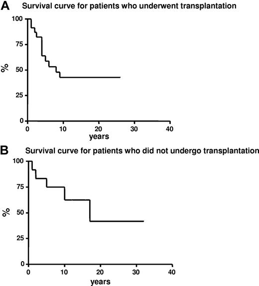 Figure 4. Survival curves (Kaplan-Meier). (A) Survival curve for patients who underwent HSCT. (B) Survival curve for patients who did not undergo HSCT.