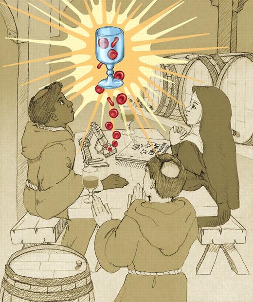 Ex vivo production of human red cells, the Holy Gvail of blood transfusion. Professional illustration by Debra T. Dartez.