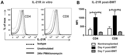 Figure 1. IL-21R is up-regulated on donor T cells early after BMT but is not required for efficient alloactivation. (A) WT B6 T cells were cultured in vitro for 24 hours in the presence or absence of PMA and ionomycin, then stained for FACS analysis of IL-21R levels. (B) WT B6 BM-TCD and T cells (1 × 106) were transplanted into lethally irradiated BALB/c recipients, which were killed on day 4 or day 7 after BMT. Splenocytes were harvested and stained for FACS analysis of donor T-cell IL-21R levels. Data are combined from 2 independent transplantations per time point, with 8-10 total recipients per group. **P < .01 and ***P < .001.