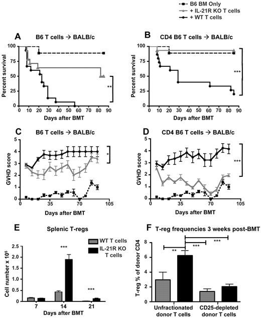 Figure 2. IL-21R KO T cells cause decreased GVHD and lead to increased regulatory T cells. (A) Lethally irradiated BALB/c mice were reconstituted with either BM-TCD only (n = 9), 1 × 106 IL-21R KO T cells + BM-TCD (n = 15), or 1 × 106 WT T cells + BM-TCD (n = 15). Curves represent combined data from 2 independent experiments. (B) Lethally irradiated BALB/c mice received either BM-TCD only (n = 9), 5 × 105 IL-21R KO CD4 T cells + BM-TCD (n = 15), or 5 × 105 WT CD4 T cells + BM-TCD (n = 15). Curves represent combined data from 2 independent experiments. (C,D) Transplant recipients were scored on a weekly basis for 5 clinical GVHD parameters: weight loss, activity, kyphosis, fur ruffling, and skin flaking. Scores range from 0 to 2 for each parameter, and animals are killed once a total score of 5 is attained. Curves represent the average score of each group at each time point. Shown are combined data from 2 independent experiments. (E) Lethally irradiated BALB/c mice were reconstituted with B6 BM-TCD and 1 × 106 B6 WT or 1 × 106 B6 IL-21R KO T cells. Spleens were harvested on days 7, 14, and 21 after BMT and stained for FACS analysis of donor CD4+CD25+Foxp3+ T-regs or CD4+Foxp3− nonregulatory T cells. Data represent 2 combined independent experiments on day 7 (n > 19), day 14 (n = 18), and day 21 (n = 15). (F) Lethally irradiated BALB/c mice were reconstituted with CD45.1 B6 BM-TCD and 5 × 105 CD45.2 B6 MACS-purified T cells. Transplanted T-cell populations were either unfractionated or depleted of T-regs by sorting for CD25− cells. Spleens were harvested on day 21 after BMT and analyzed by FACS for Foxp3 expression among donor CD4 T cells. Data represent 2 combined independent experiments with 8-11 total recipients per group. *P < .05, **P < .01, and ***P < .001 for WT versus KO T cells.