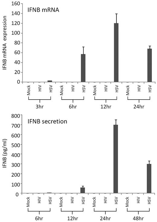 Figure 1. HIV-1 and HSV-2 induction of IFNβ in MDDCs. Day 6 MDDCs were exposed to purified HIV-1BaL or HSV-2186 at MOI of 3 for 3-96 hours. (A) IFNβ mRNA expression was determined by qPCR at 3, 6, 12, and 24 hours after infection. (B) The level of IFNβ secreted into the supernatant fluid was determined by ELISA at 6, 12, 24, and 48 hours after infection. The mean data from 3 experiments are shown with standard error bars.