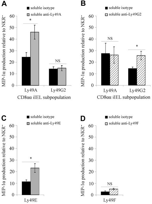 Figure 7. Sequestration of Ly49A or Ly49G2 increases the response of iIELs. (A) iIELs from B6 mice were incubated with anti-Ly49A mAb (JR9–318; ) or an isotype-matched control mAb (■). Unbound mAb was removed before stimulation with plate-bound anti-CD3 mAb. MIP-1α production by Ly49A or Ly49G2 single-positive iIELs is shown relative to iIELs lacking inhibitory MHC-I receptors as mean ± SEM (n = 8). *Significant difference (P < .05; Mann-Whitney). (B) iIELs from B6 mice were incubated with anti-Ly49G2 mAb (4D11; ▨) or an isotype-matched control mAb (■). Unbound mAb was removed before stimulation with plate-bound anti-CD3 mAb. MIP-1α production by Ly49A or Ly49G2 single-positive iIELs is shown relative to iIELs lacking inhibitory MHC-I receptors as mean ± SEM (n = 4). *Significant difference (P < .05; Mann-Whitney). (C) iIELs from B6 mice were incubated with anti-Ly49E mAb (4D12; ) or an isotype-matched control mAb (■). Unbound mAb was removed before stimulation with plate-bound anti-CD3 mAb. MIP-1α production by Ly49E single-positive iIELs is shown relative to iIELs lacking inhibitory MHC-I receptors as mean ± SEM (n = 6). *Significant difference (P < .05; Mann-Whitney). (D) iIELs from B6 mice were incubated with anti-Ly49F mAb (HBF-719; ▨) or an isotype-matched control mAb (■). Unbound mAb was removed before stimulation with plate-bound anti-CD3 mAb. MIP-1α production by Ly49F single-positive iIELs is shown relative to iIELs lacking inhibitory MHC-I receptors as mean ± SEM (n = 3). There was no significant difference (NS; Mann-Whitney).