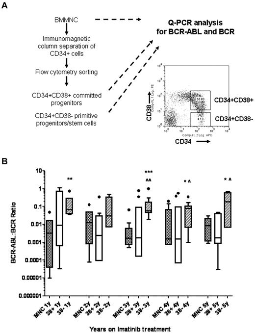 Figure 2. Persistence of BCR-ABL+ cells in primitive progenitor/stem cells in CML patients in CCR with imatinib mesylate treatment for 5 years. (A) Experimental procedures for isolating CD34+CD38+ and CD34+CD38− cells by flow cytometry sorting followed by Q-PCR for BCR-ABL and BCR are shown. (B) The cumulative results for Q-PCR analysis for BCR-ABL levels in MNC, CD34+CD38+, and CD34+CD38− cells in CML patients after 1 to 5 years of imatinib mesylate treatment are shown using box and whisker (Tukey) plots. Significance values comparing MNC and CD34+CD38− cells are *.05 > P < .1, **P < .01, ***P < .001; comparing CD34+CD38+ and CD34+CD38− cells are ^.05 > P < .1, ^P < .05.