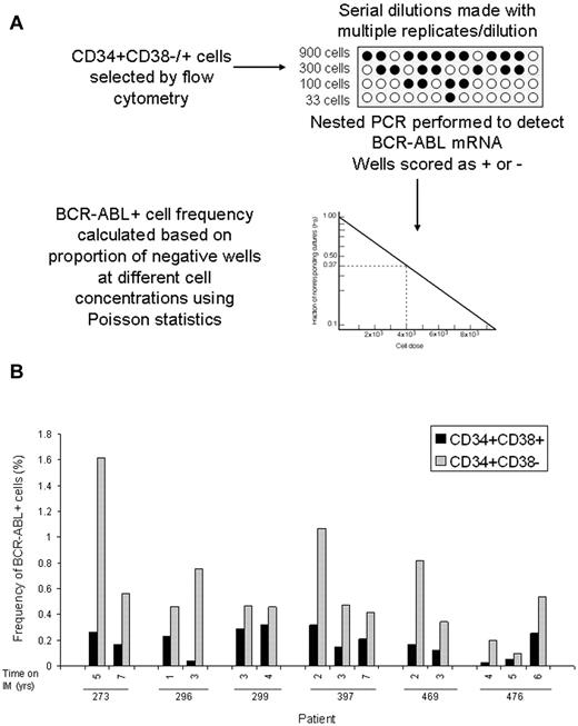 Figure 3. Frequency of BCR-ABL+ cells in CD34+38+ or CD34+38− populations. (A) A schematic of experimental and analytical procedures for measurement of the frequency of BCR-ABL–positive cells within flow cytometry selected CD34+CD38− and CD34+CD38+ cells using limiting dilution analysis is shown. (B) The frequencies of BCR-ABL+ cells within the CD34+CD38+ (black bars) and CD34+CD38− (grey bars) subpopulations in 14 samples obtained at different time points from 6 patients is shown (2-3 serial samples per patient).