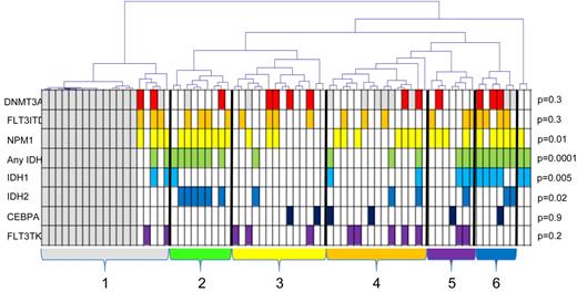 Figure 2. Unsupervised complete linkage hierarchical clustering of samples according to methylation of the 2764 differentially methylated CpG sites. There are 2 outliers and 6 major clusters of samples. The normal samples clustered together within cluster one (gray) and are marked by gray boxes below the dendrogram. Mutational status is indicated below; white boxes represent wild-type; and colored boxes, mutations. P values are given for unequal distribution between clusters for each mutation using the Fisher-Freeman-Halton test (outliers were disregarded). The frequency of NPM1 mutations is increased in cluster 2 and 6, IDH1 in cluster 6, and IDH2 in cluster 2.