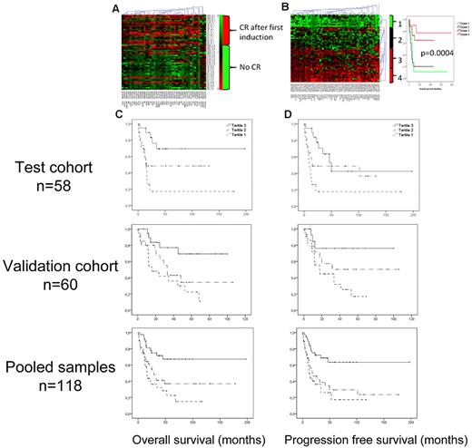 Figure 6. Methylation and prognosis. Using a Bayes moderated t test, the most significant CpG sites for achieving CR after one induction (n = 42) and for 2-year survival (n = 62) were selected. Red represents more methylation; and green, less methylation. (A) Heat map showing a one-way hierarchical clustering analysis of CpG residues (columns) according to CR after first induction (rows). (B) Left panel: Two-way hierarchical clustering of CpG residues (columns) and samples (rows) according to the most significant residues for 2-year survival. Right panel: Kaplan-Meier diagrams demonstrate the discriminating ability of the selected CpG sites on OS. (C-D) Kaplan-Meier diagram showing the impact of the methylation levels of PcG-marked genes on OS and PFS. The samples were divided in tertiles according to the average methylation levels of PcG-marked genes. The tertile with most methylation (tertile 3), marked with a solid line, had significantly better OS (C) and PFS (D) than the less methylated tertiles; in the test cohort (top panels): P(trend) = .001 and .002, respectively. In the validation cohort (bottom panels): P(trend) = .009 and P(trend) = .035 (middle panels), and for pooled samples: P(trend) = .00009 and .0002, respectively.