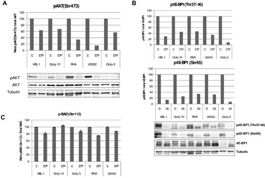 Figure 4. Biomarkers of PIM inhibition. DLBCL cells were incubated for 4 hours with ETP-39010 (10μM) or vehicle DMSO alone (represented as ETP and C, respectively). (A-B) Cellular levels of AKT, pAKT (Ser473), 4E-BP1, and p4E-BP1(Thr37/65) were detected by Western blot using antibodies for these proteins and tubulin as the loading control. Bands were quantified using ImageJ 1.36b (National Institutes of Health), and the ratios of phosphorylated to total protein are presented. The blot is representative of 2 independent experiments. (C) Cellular levels of pBAD (Ser112) and BAD were measured by flow cytometry, and the ratios of phosphorylated to total protein are presented (each column represents ratios from triplicate experiments).