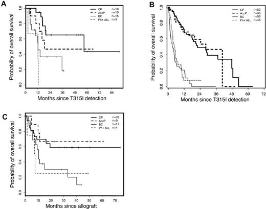 Figure 1. Overall survival for patients harboring T315I mutated leukemias. (A) OS analysis for patients with CML in CP (bold solid line), AP (bold dashed line), or blast crisis (thin solid line) or with de novo Ph+ ALL (thin dashed line) since T315I ABL mutation detection who underwent allogeneic SCT. (B) OS analysis for patients with CML in CP (bold solid line), AP (AccP; bold dashed line), or blast crisis (BC; thin solid line) or with de novo Ph+ ALL (thin dashed line) since T315I ABL mutation detection in the overall cohort of patients with T315I mutation (Figure 2D in Nicolini et al2) compared with panel A. (C) OS analysis for patients with CML in CP (bold solid line), AP (bold dashed line), or blast crisis (thin solid line) or with de novo Ph+ ALL (thin dashed line) since allogeneic SCT according to disease status at transplantation. Median OS has not been reached for CP and AP and was 10.3 months for BP (range 5.7 months to not reached) and 7.4 months for Ph+ ALL (range 1.4 months to not reached).