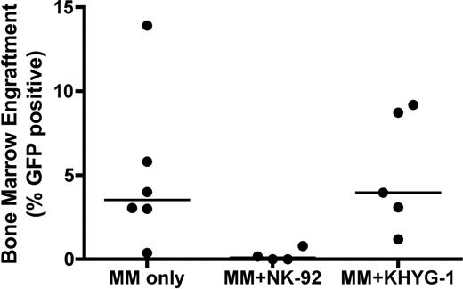 Figure:. BM engraftment of GFP+ MM cells at 10 weeks for MM only control mice (left), NK-92 treated MM mice (center) (p=0.019) and KHYG-1 treated MM mice (right) (p =0.772). Line represents median of each sample; each dot represents BM engraftment of 1 mouse.