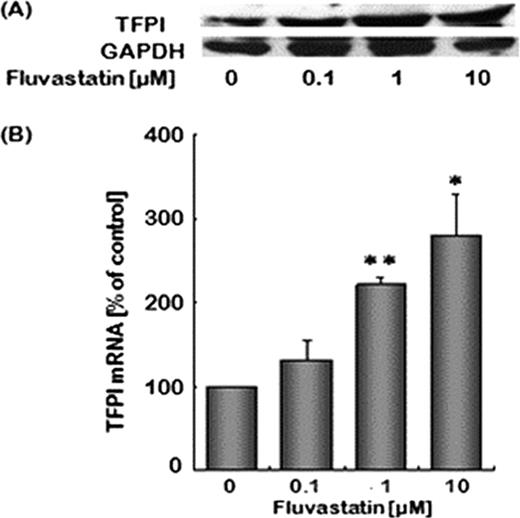 Figure 1. Effects of fluvastatin on TFPI protein (A) and mRNA (B) expression in HUVECs. The columns represent the mean ± SD (n=3) percentages of the control culture. *p<0.05 versus control. **p<0.01 versus control.