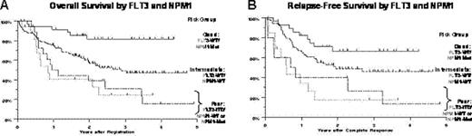 Fig 1. Kaplan-Meier estimates of OS in 198 pts (A) and RFS in 94 pts with CR (B). Tick marks indicate censored data.