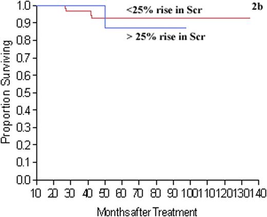 Figure 2. Decrease in renal function as signified by serum creatinine (Scr) elevation of > 25% was associated with inferior overall survival (OS) in AL patients. However, the OS was significantly affected only in patients who did not achieved >85% reduction of proteinuria (p = 0.006). In patients with > 85% reduction of proteinuria, elevation of Scr of > 25% did not affect OS (p = 0.78).