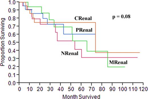 Figure 1. Overall survival (OS) of 115 patients evaluated by the IMWG renal response criteria. OS was not significantly different by Log-Rank test between patients with CRenal and NRenal, p = 0.08.
