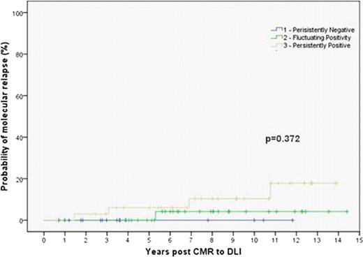 Figure 1. The probability of molecular relapse following complete molecular remission is low and not significantly different between those who are persistently negative, fluctuating low-level positive or persistently positive.