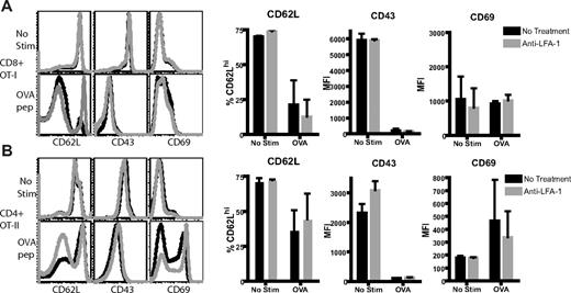 Figure 3. LFA-1 blockade does not act directly to induce CD62L down-regulation. CD8+ OT-I and CD4+ OT-II T cells were stimulated in vitro with cognate Ag as described in “Methods,” or were left unstimulated and analyzed by flow cytometry 72 hours later. Anti–LFA-1 treatment of unstimulated CD8+ (A) or CD4+ (B) T cells did not result in down-regulation of CD62L or CD43 or change the expression of CD69. Similarly, anti–LFA-1 treatment did not affect the expression of these molecules on peptide-stimulated CD8+ (A) or CD4+ (B) T cells. Flow cytometric plots shown are gated on either CD4+ or CD8+ T cells as indicated and are representative data of 3 independent experiments. Summary graphs are cumulative results from 3 independent experiments and P > .05 comparing anti–LFA-1–treated samples with untreated controls.