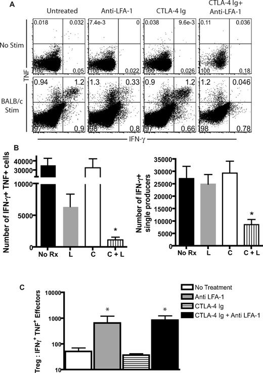 Figure 6. LFA-1 blockade influences cytokine production and increases the ratio of Tregs to Teffs. B6 recipients of BALB/c SG were treated with anti–LFA-1 alone, CTLA-4 Ig alone, or a combination of anti–LFA-1 plus CTLA-4 Ig, and graft-draining LNs were isolated 9 days after skin grafting. Cells were restimulated with irradiated BALB/c responders for 4 hours and stained intracellularly for cytokines as described in “Methods.” (A) Data shown are gated on CD8+ T cells and are representative of 3 independent experiments with 8-9 mice per group. (B) Absolute numbers of double-positive (TNF+IFNγ+), and single IFNγ+ producers in draining LNs are shown. Data shown are combined from 2 independent experiments with a total of 3-6 mice per group. A statistically significant decrease in both IFN-γ+TNF+ double producers and IFN-γ+ single producers was observed only in animals that received both anti–LFA-1 and CTLA-4 Ig, (P < .0001 compared with untreated and P < .05 compared with anti–LFA-1 alone). L indicates anti–LFA-1; C, CTLA-4 Ig. (C) The ratio of CD4+CD25+FoxP3+ T cells to IFN-γ-secreting Teffs was statistically significantly increased in LFA-1–treated animals (P = .0095) and in LFA-1 + CTLA-4 Ig–treated animals (P = .0043) compared with untreated controls. Data shown are summarized from 2 experiments with a total of 3-6 mice per group.