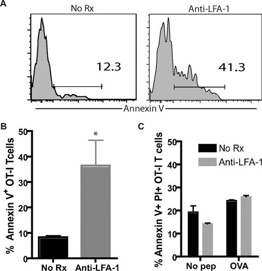 Figure 7. Teffs undergo apoptosis in draining LNs in anti–LFA-1–treated animals. Donor-specific Thy1.1+ OT-I T cells were adoptively transferred into B6 recipients; 48 hours later, mice received an mOVA skin graft and were treated as indicated. Draining LNs were harvested on day 10 after transplantation, and donor-reactive Thy1.1+ T cells were stained with annexin V as described in “Methods.” (A-B) The frequency of annexin V+ graft-specific T cells was higher in anti–LFA-1–treated recipients than in untreated controls (P < .05). Data shown are gated on CD8+ Thy1.1+ T cells and are representative (A) or a summary (B) of 2 independent experiments with a total of 6 mice per group. (C) OT-I T cells were stimulated in vitro with OVA peptide in the presence or absence of anti–LFA-1 mAb (100 μg/mL). Seventy-two hours later, Thy1.1+ CD8+ T cells were analyzed for apoptosis using annexin V/propidium iodide staining for flow cytometry. Results indicated no difference in the amount of apoptosis between the treatment groups either in the presence or absence of Ag. Data shown are an average of 3 wells per culture condition and are representative of 2 independent experiments.
